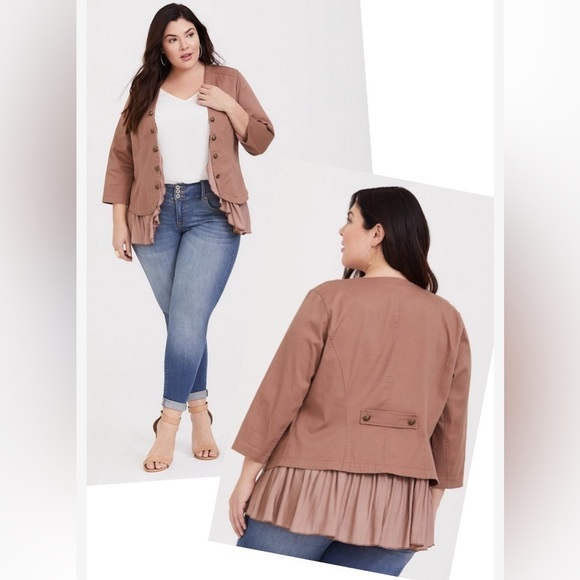 Torrid Tan Twill Georgette Peplum Jacket - Picture 2 of 12